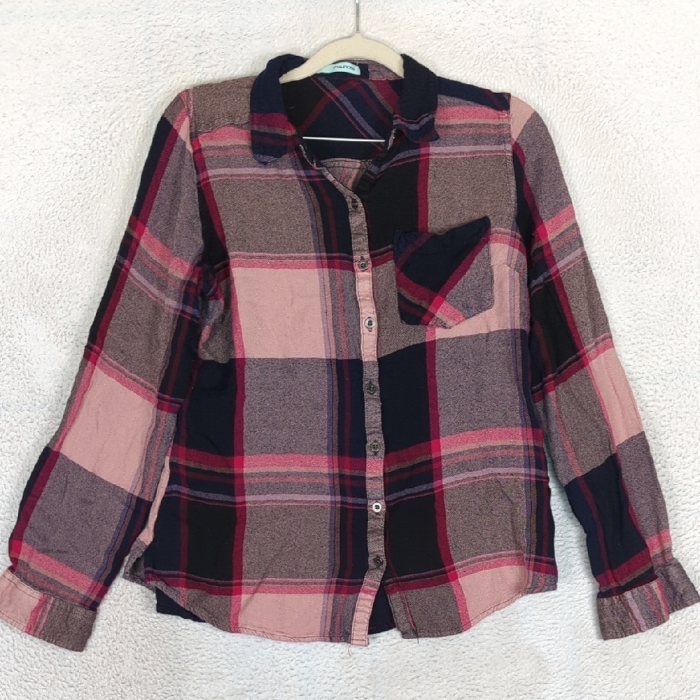 Maurices Women's Pink & Black Plaid Button Down Shirt Size M